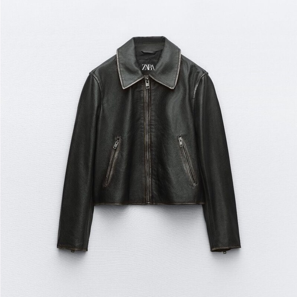 Zara Distressed Black Leather Jacket Classic Cropped Style